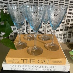 SET OF 5- Fostoria JUNE BLUE Goblets Elegant Etched  Glasses 8 1/4"